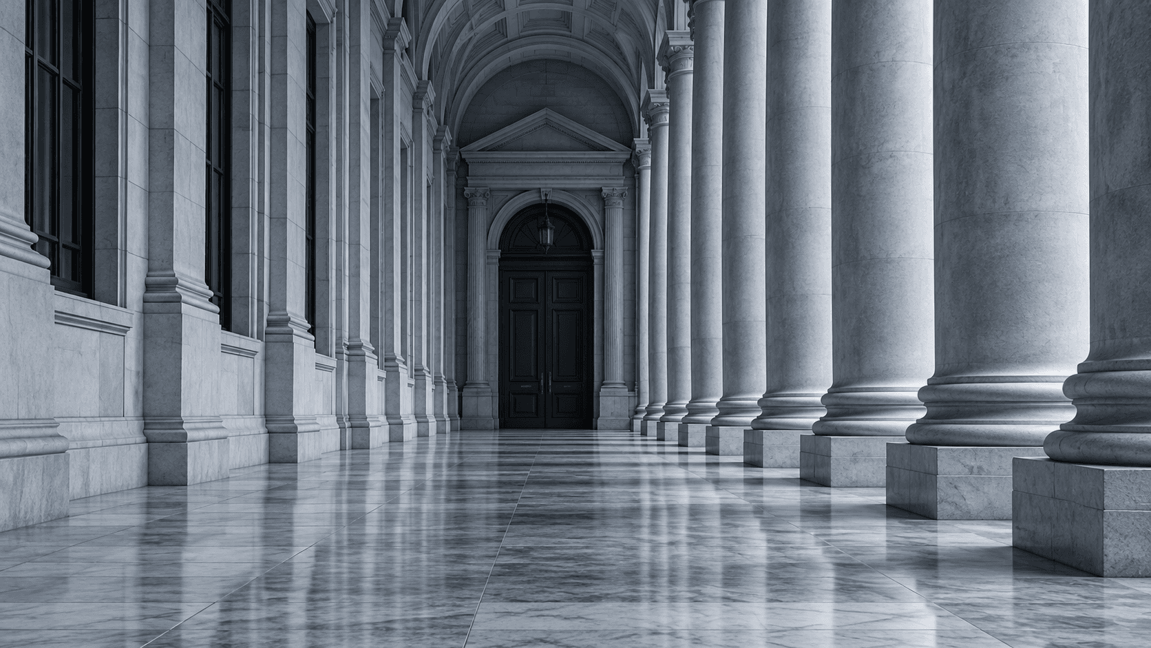 Architectural colonnade and courthouse interior